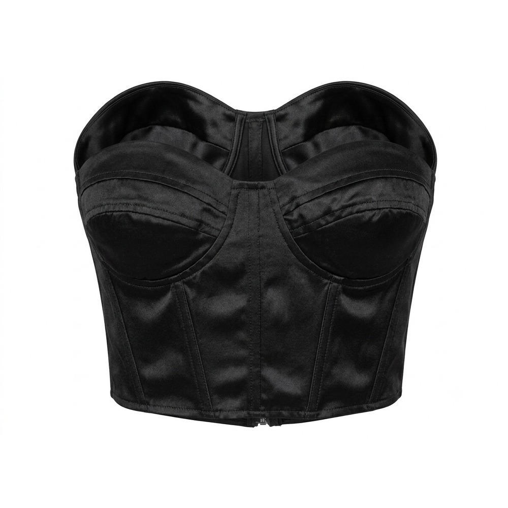 PrettyLittleThing Black Satin Glam Corset Top Padded Bustier Zip Back US 6